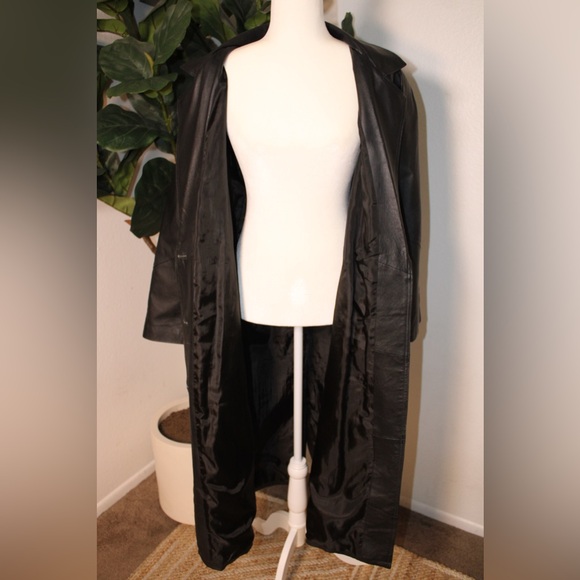 VINTAGE 80s 90s Savannah Black Genuine Leather Long Trench Coat Jacket - Picture 10 of 13
